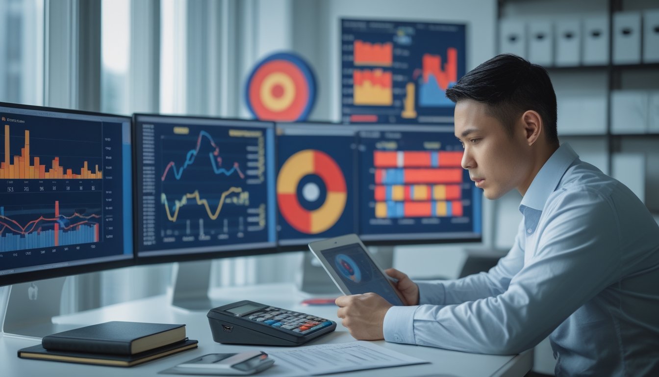Analis sedang meninjau grafik data abstrak di ruang kerja modern dengan referensi visual Cambodia dan sasaran analisis.