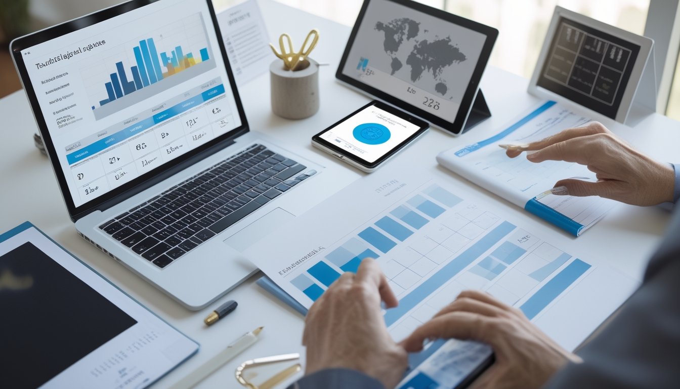 Meja kerja modern dengan laptop, tablet, ponsel, dan alat riset digital yang menampilkan grafik serta data abstrak.