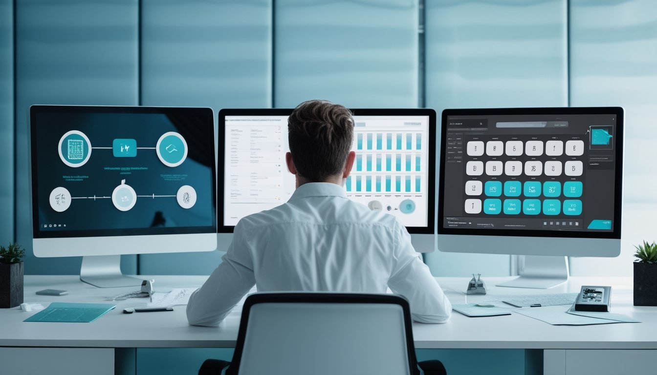 Analis sedang mengevaluasi data dan indikator keamanan pada beberapa layar komputer di ruang kerja modern.