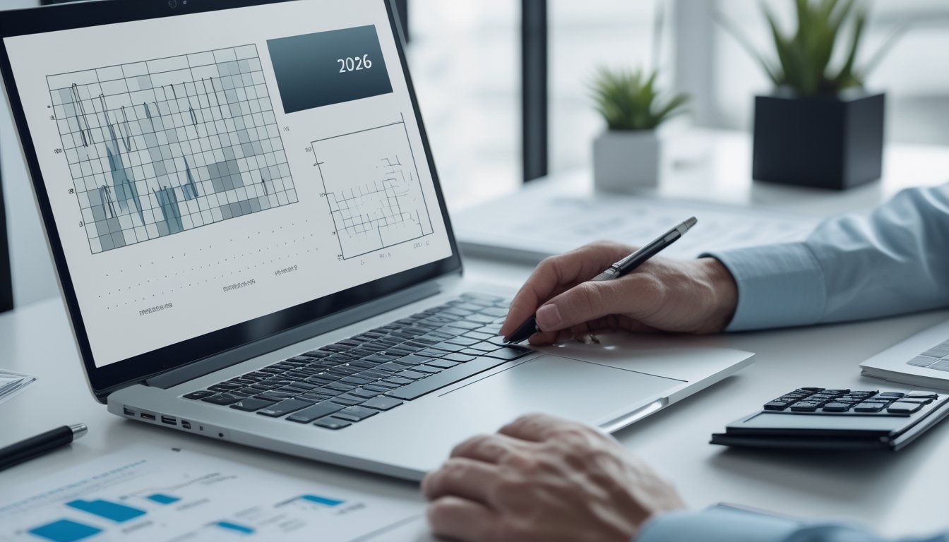 Seorang analis meninjau pola data abstrak di meja kerja dengan laptop, grafik, kalkulator, dan catatan.