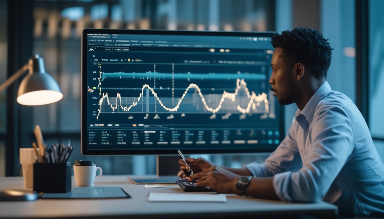 Seorang analis mempelajari grafik probabilitas dan pola data abstrak di ruang kerja modern.