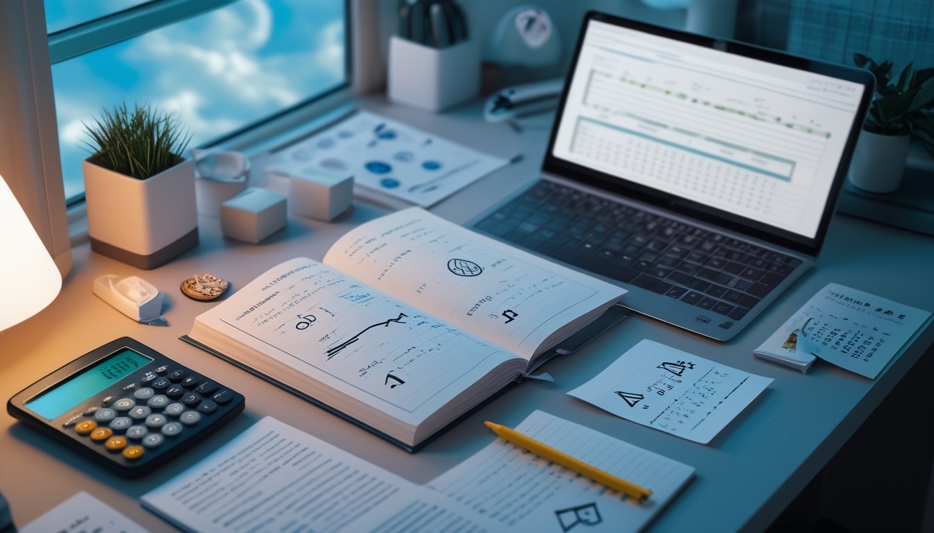 Meja kerja modern dengan buku simbol mimpi terbuka, catatan analisis, kalkulator, dan laptop dalam suasana tenang.
