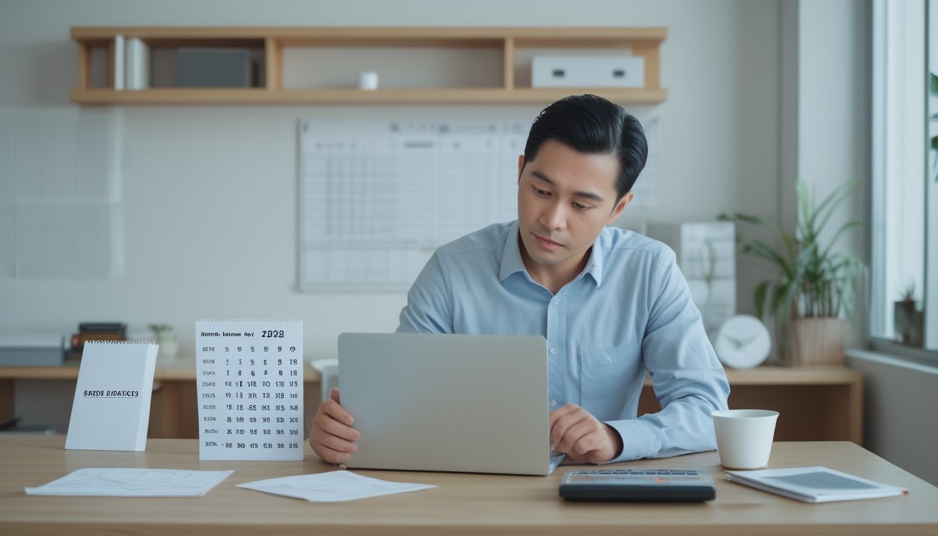 Seorang profesional menganalisis data angka di meja kerja dengan laptop, kalkulator, dan catatan anggaran.