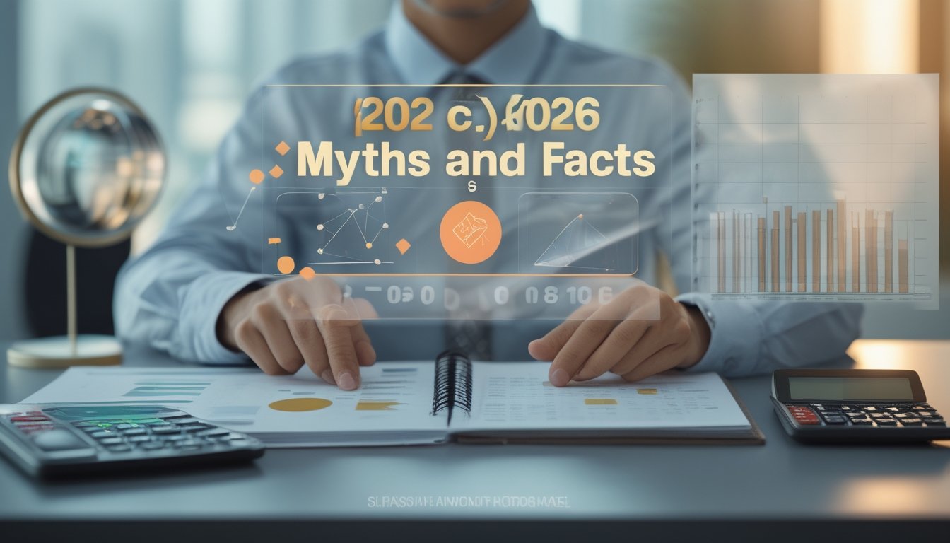 Seorang analis meninjau catatan abstrak, kalkulator, dan simbol timbangan untuk membandingkan mitos dan fakta tentang prediksi togel.