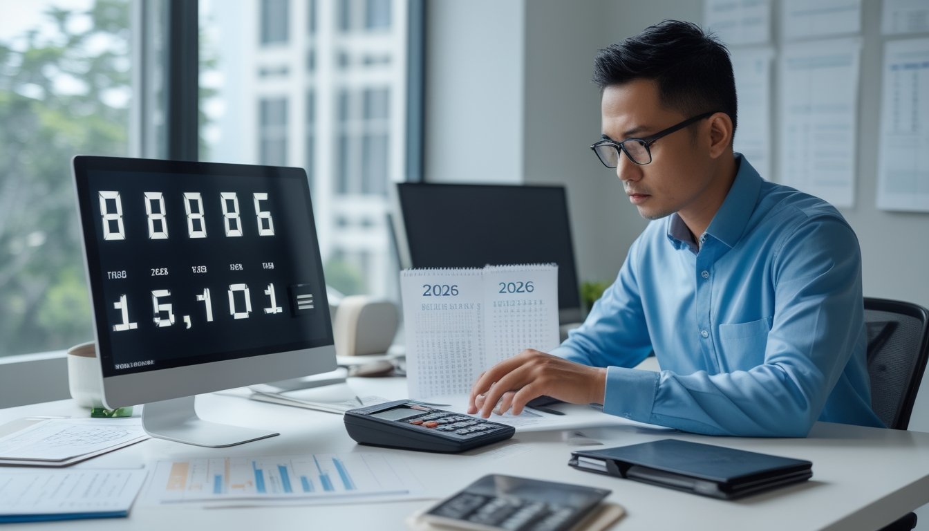 Seorang analis dewasa memeriksa pola data abstrak di laptop dan kertas pada meja kerja modern.