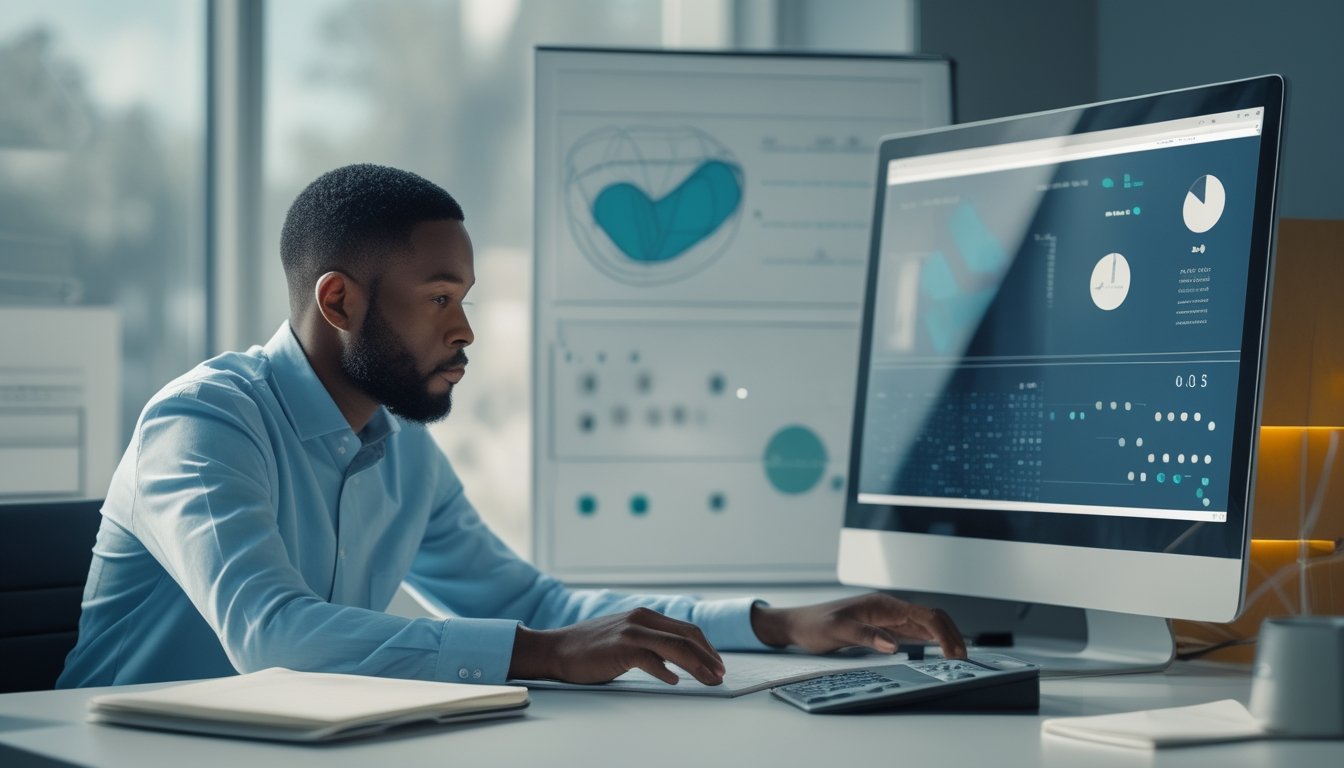 Seorang analis dewasa mempelajari data angka dan grafik probabilitas di meja kerja modern.