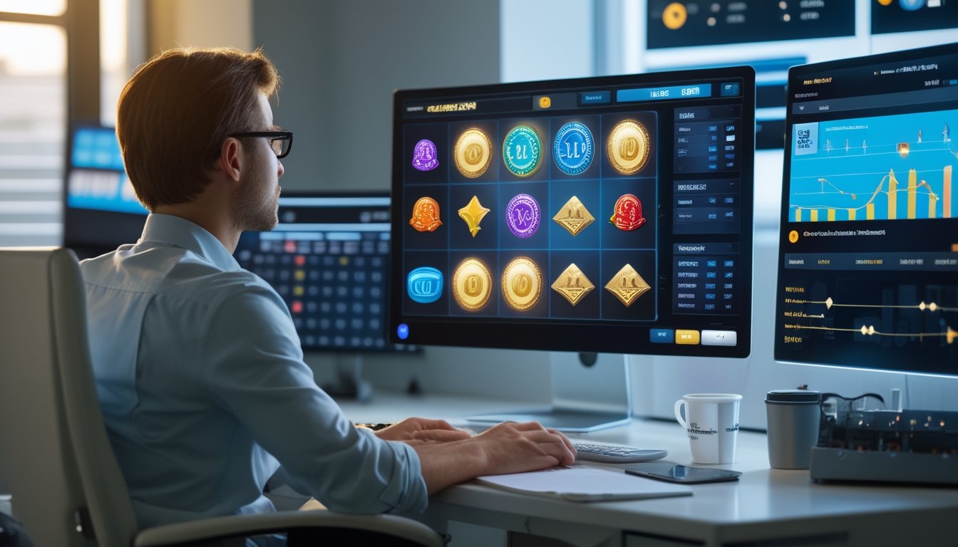 Seseorang menganalisis permainan slot online dan anggaran di meja kerja modern.