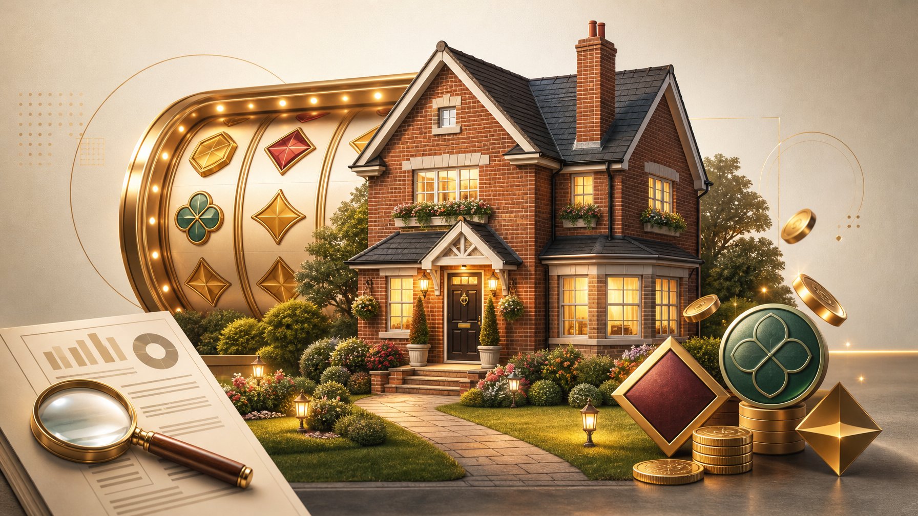 A Warm Brick House With Glowing Windows, Surrounded By A Garden, Coins, And Abstract Gaming Elements.
