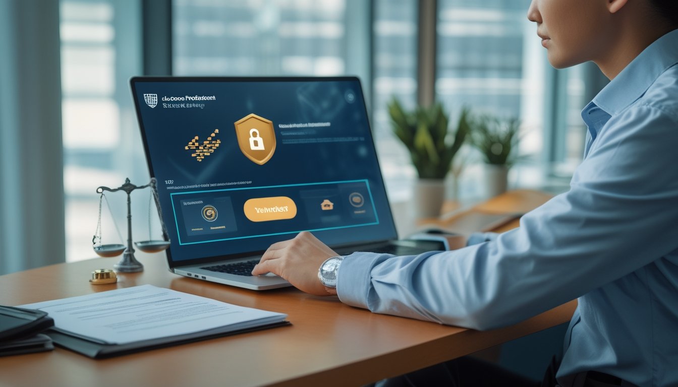 Seorang profesional meninjau permainan slot digital dan dokumen legalitas di ruang kerja modern.