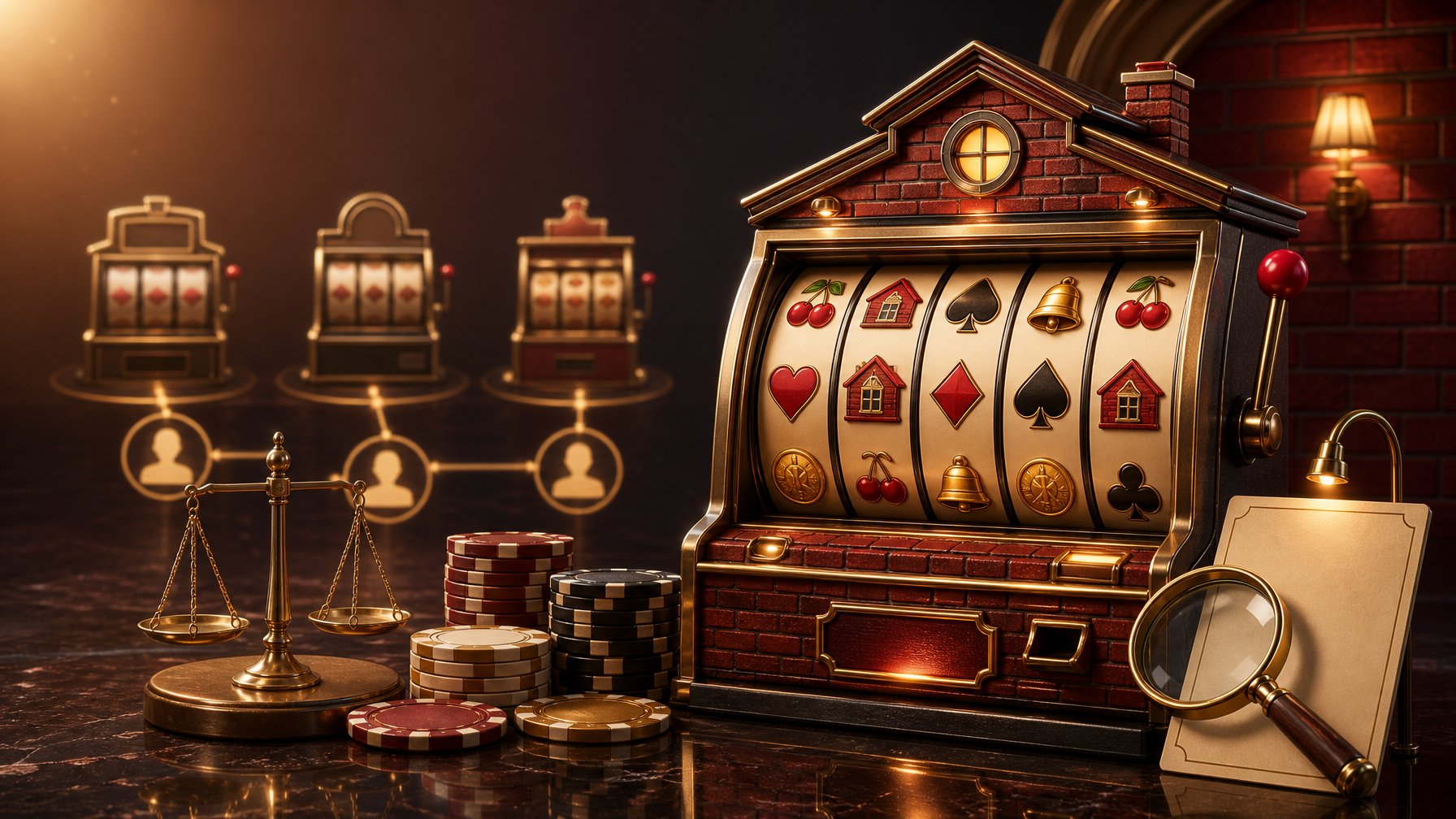 A Warmly Lit BrickThemed Slot Machine Surrounded By Casino Chips And Comparison Symbols.