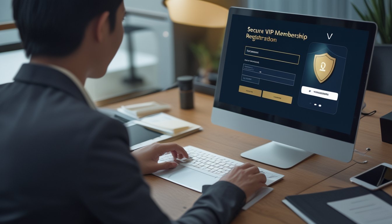 Seseorang mengisi pendaftaran akun VIP di laptop dalam suasana ruang kerja modern.