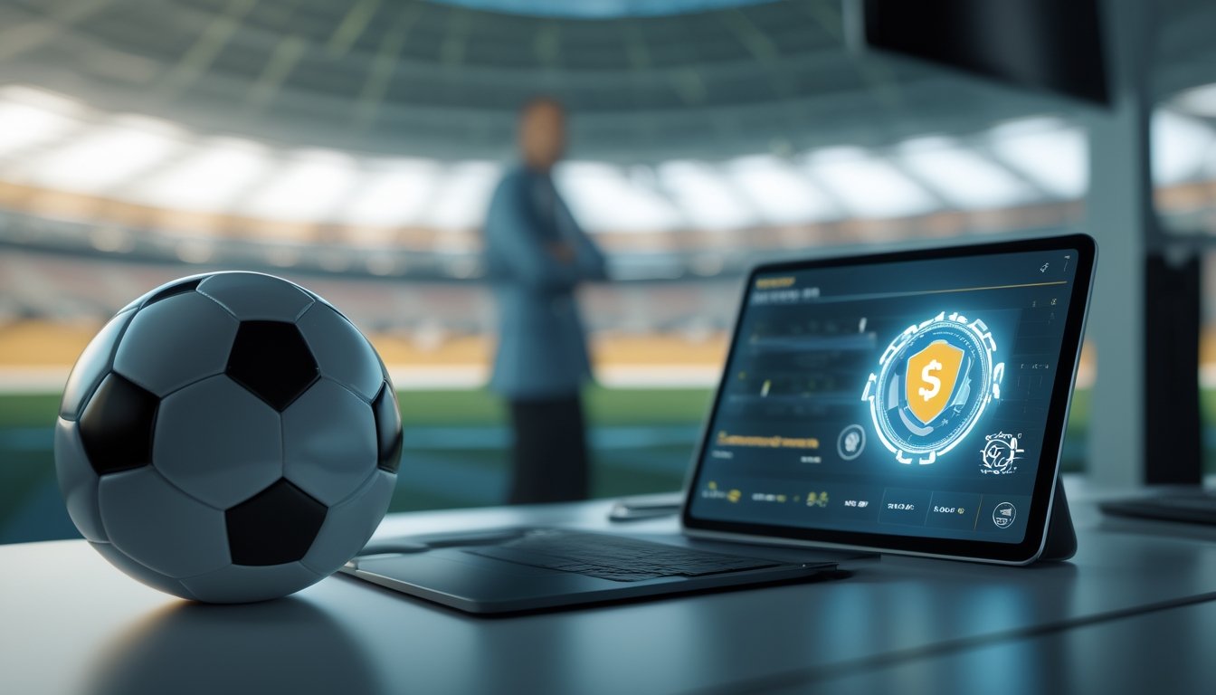 Bola sepak di ruang kerja modern dengan tablet analisis pertandingan dan stadion di latar belakang.