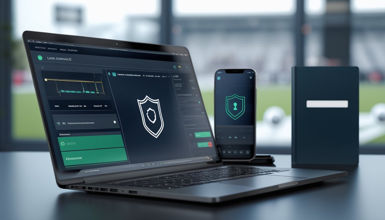Laptop dan ponsel dengan tampilan data olahraga abstrak, dikelilingi ikon perisai, gembok, dan perlengkapan verifikasi di ruang kerja modern.