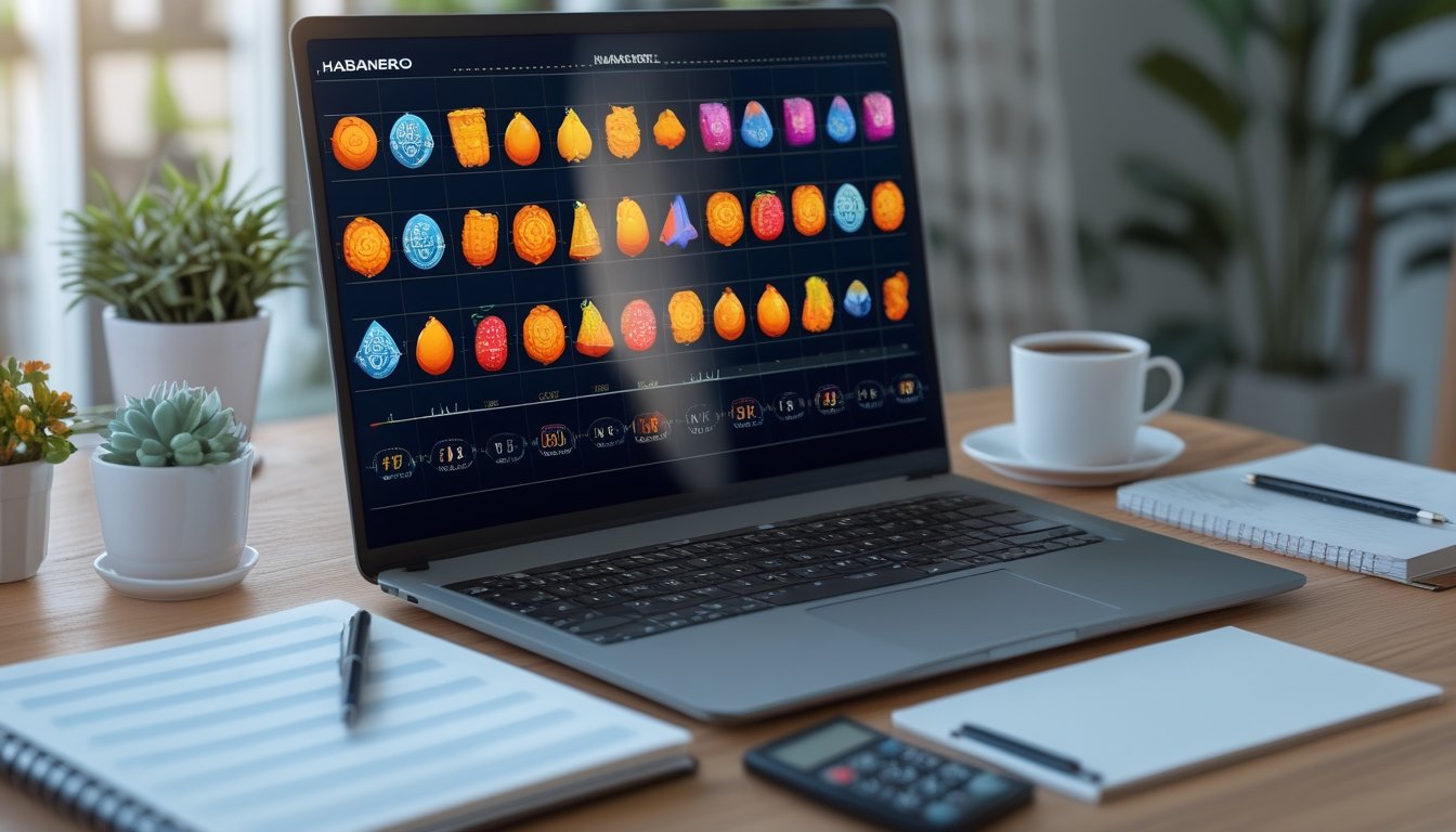 Meja kerja modern dengan laptop yang menampilkan pola analisis abstrak, buku catatan kosong, pena, kalkulator, dan secangkir kopi.