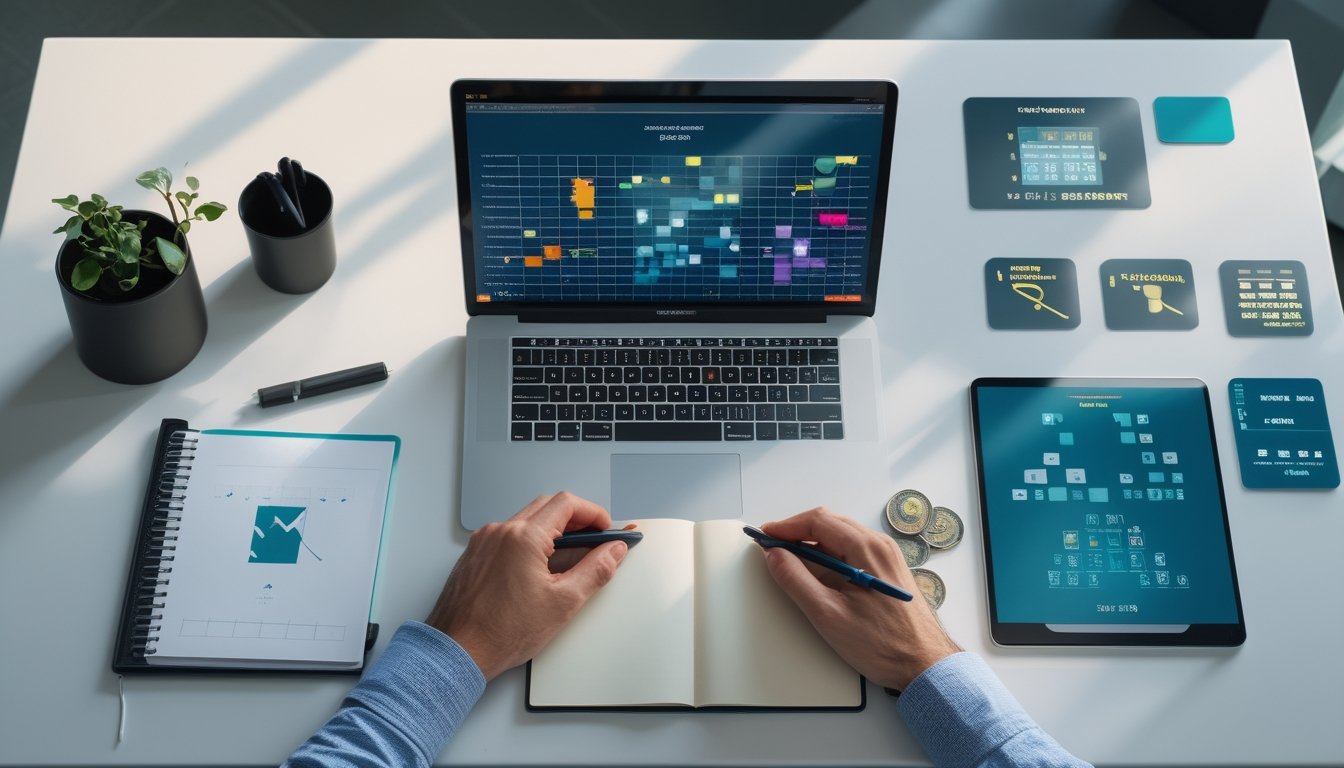 Meja kerja dengan laptop menampilkan grafik pola abstrak, buku catatan kosong, pensil, dan alat bantu analisis.