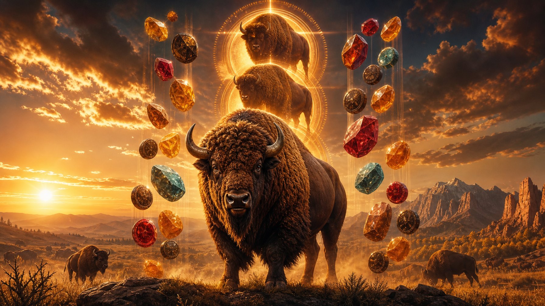 A Majestic Buffalo Stands In A Glowing Prairie Landscape Surrounded By Layered Buffalo Forms And Colorful Abstract GameLike Symbols.