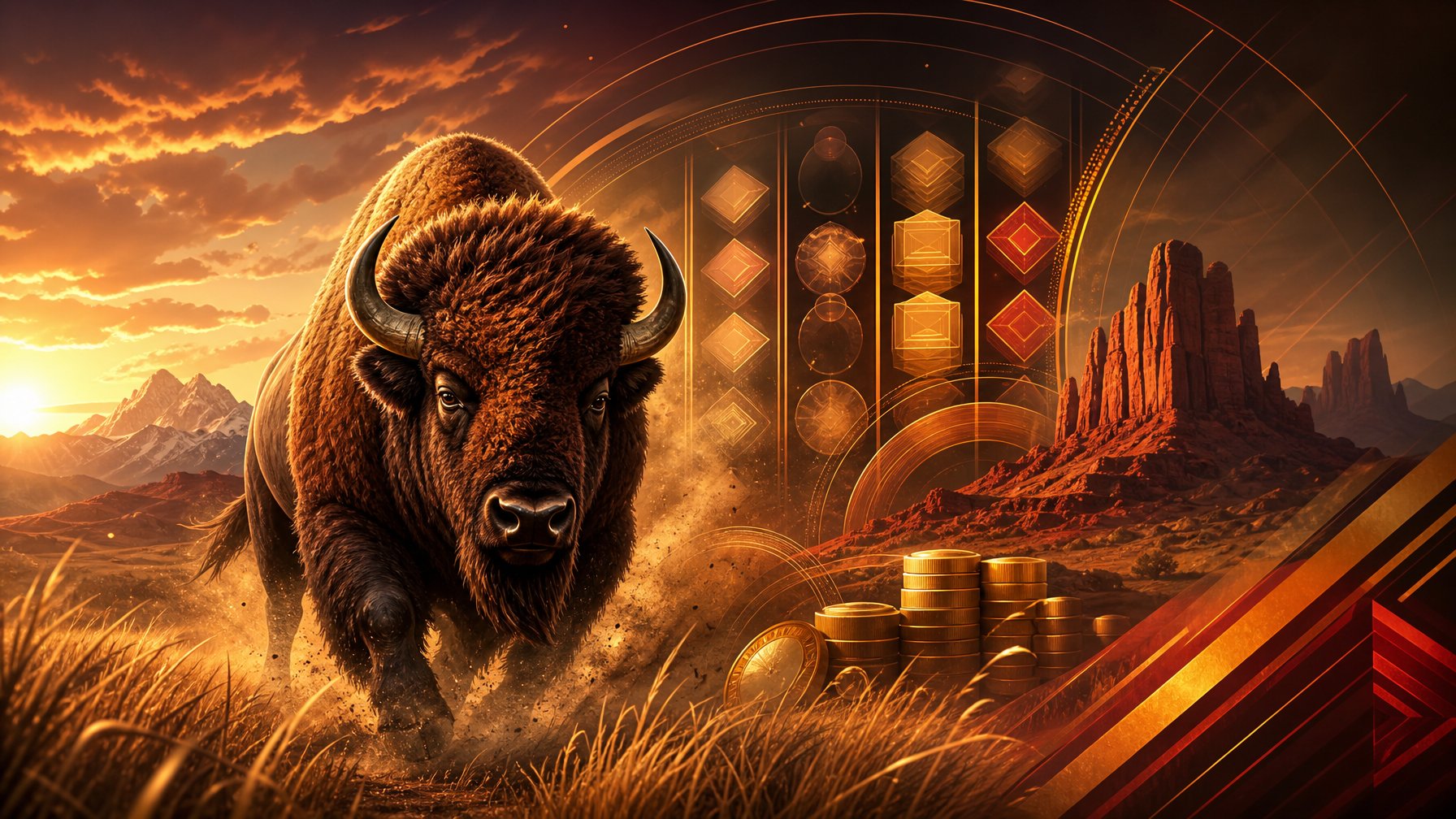A Powerful Buffalo Stands In A Glowing Western Landscape With Abstract SlotMachine Elements In The Background.