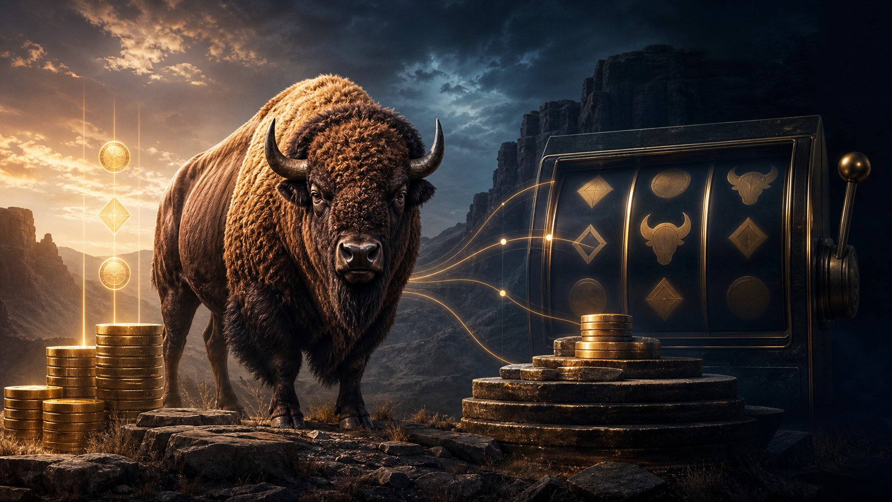 A Buffalo Stands In A Western Landscape Beside Stacked Gold Coins And Abstract CasinoInspired Elements.