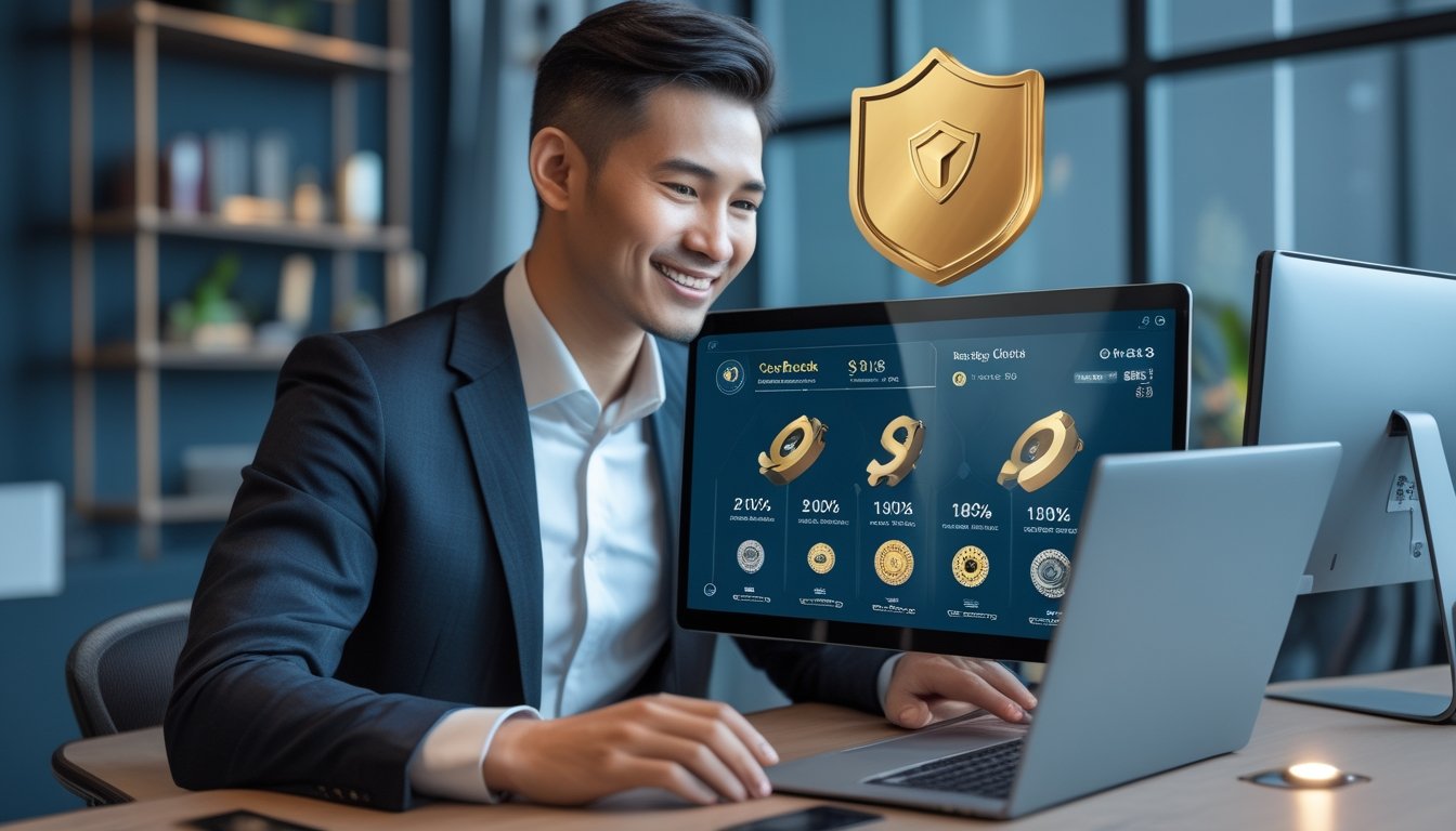 Seorang profesional meninjau dasbor keanggotaan digital dengan simbol hadiah dan cashback di ruang kerja modern.