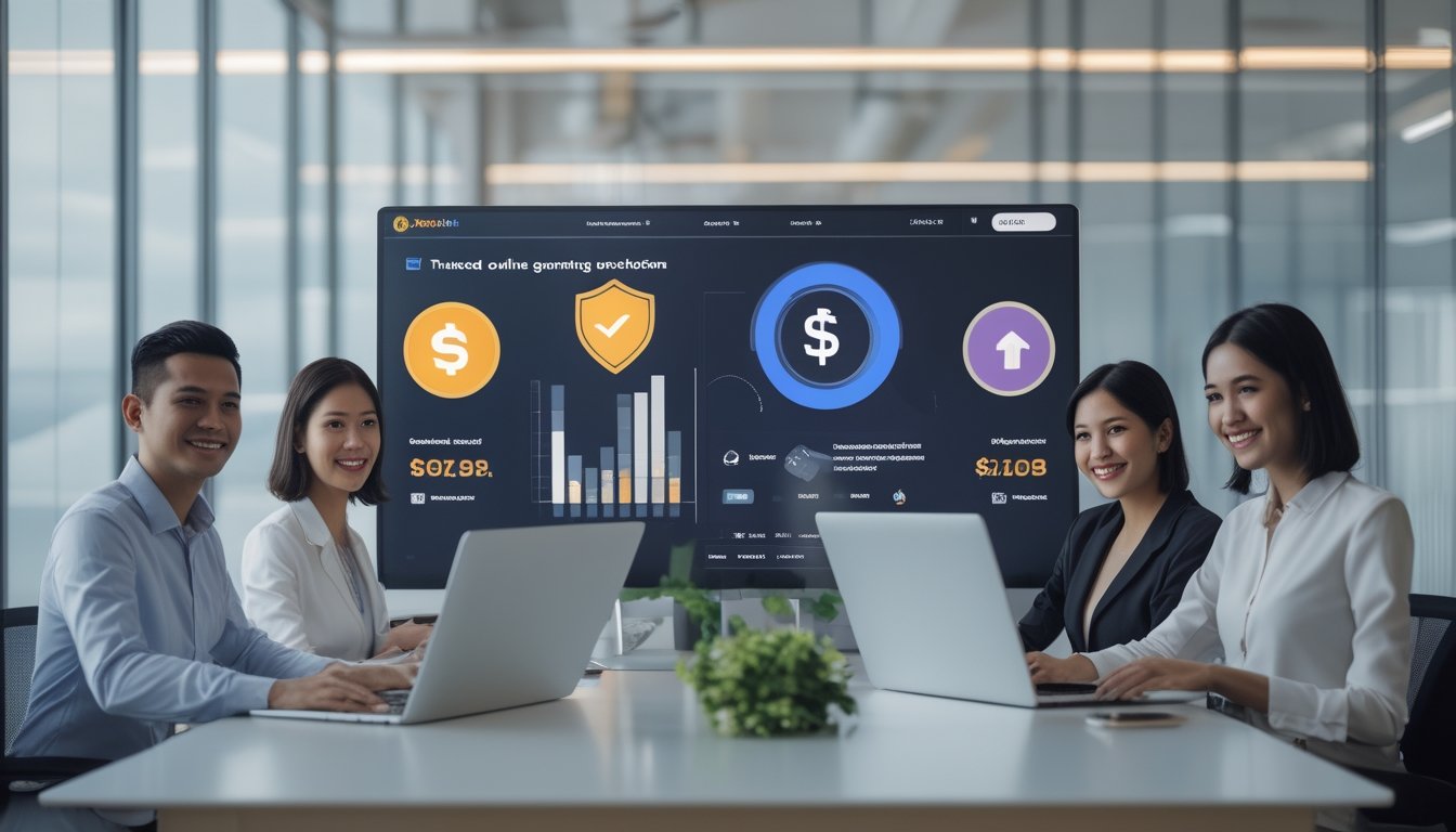 Tim profesional bekerja bersama di kantor modern dengan tampilan dashboard digital dan simbol keamanan.