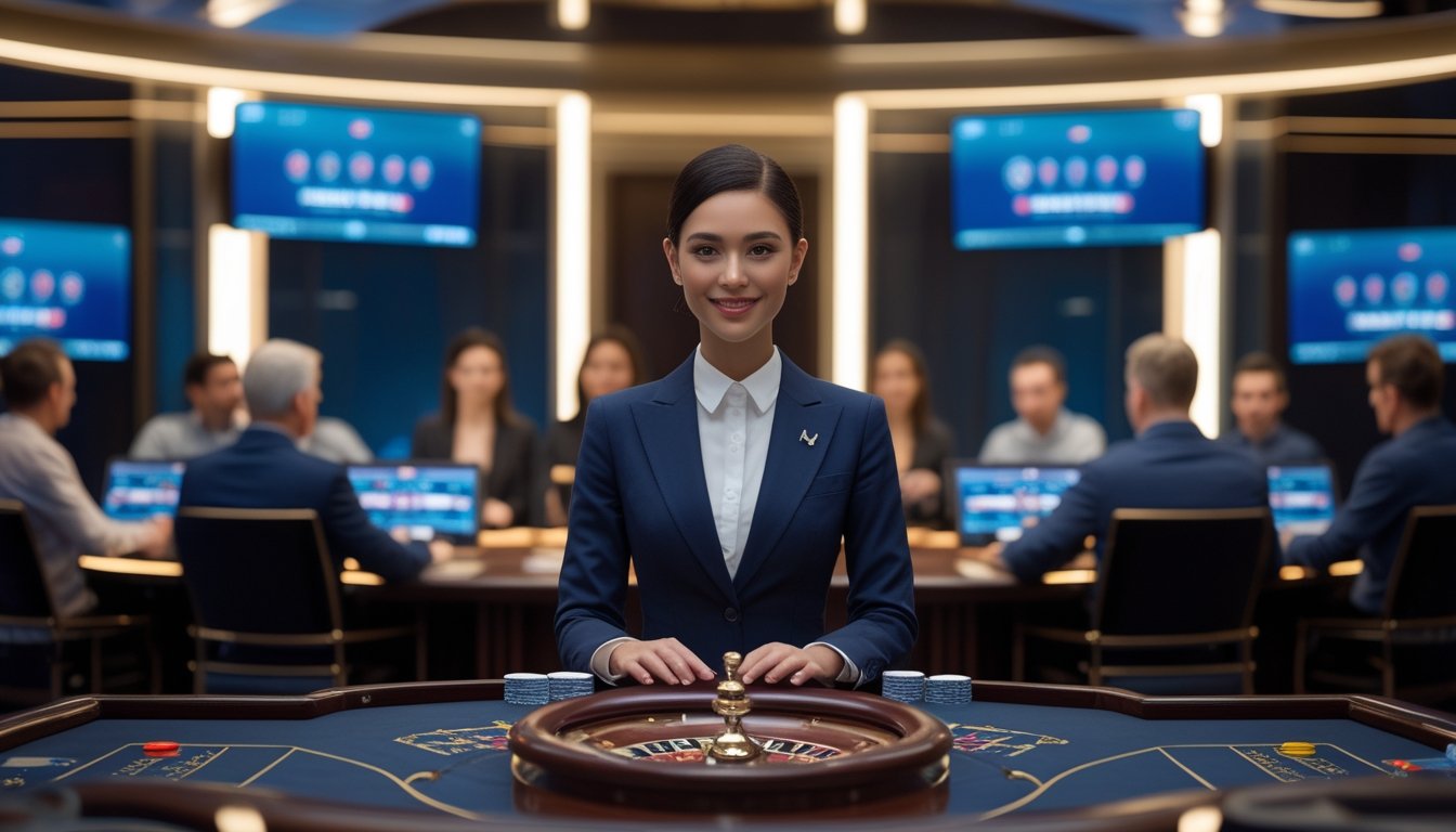 Dealer wanita profesional berdiri di meja kasino modern dengan roda roulette, kartu, dan layar pemain di sekitarnya.