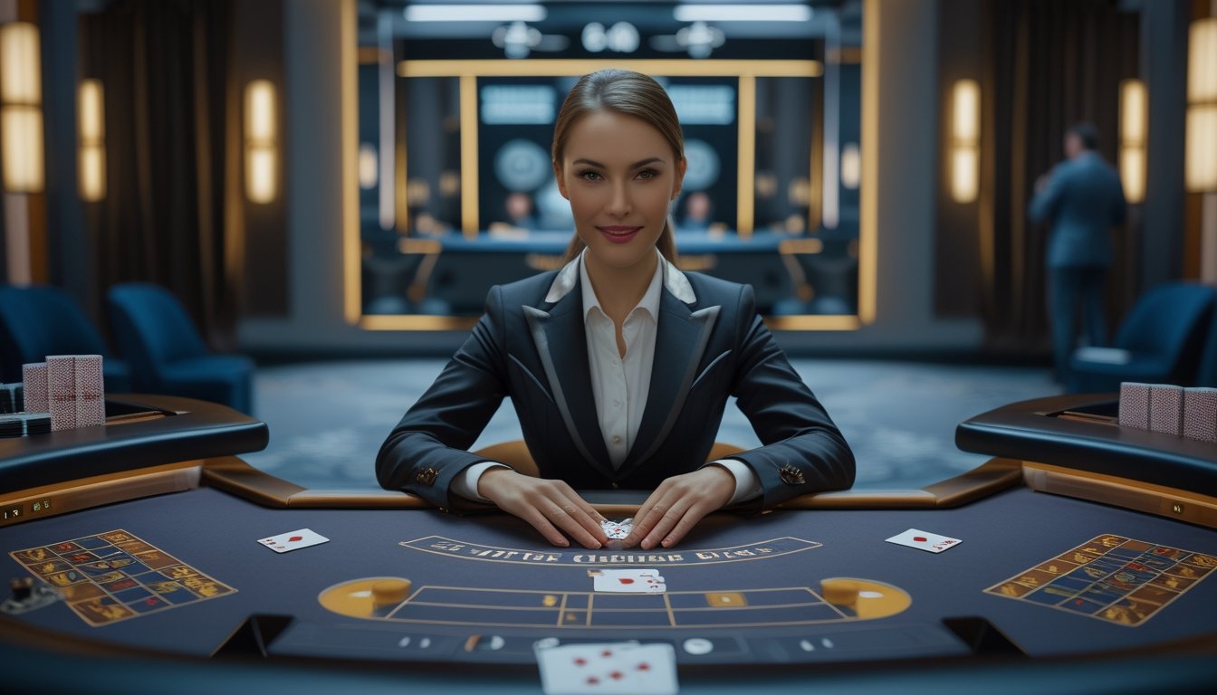 Dealer perempuan profesional berada di studio kasino langsung dengan meja permainan yang tertata rapi.