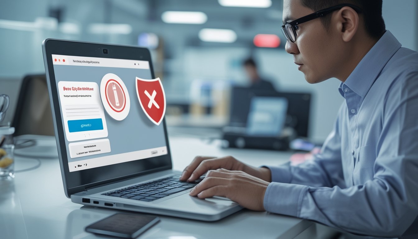 Seorang pekerja memeriksa laptop dengan ikon peringatan dan perisai keamanan sebelum mengeklik tautan mencurigakan.