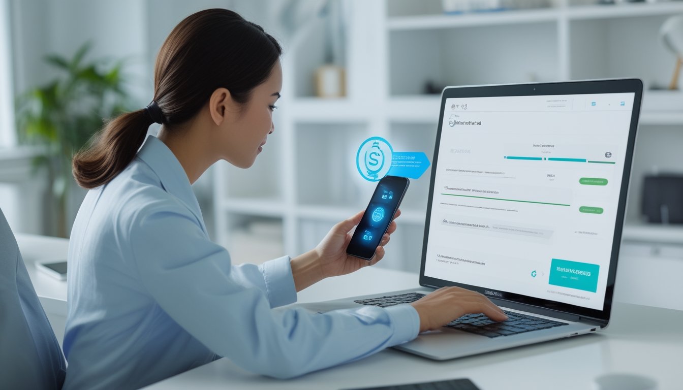 Pengguna menyelesaikan deposit dompet elektronik dengan aman melalui ponsel dan laptop.