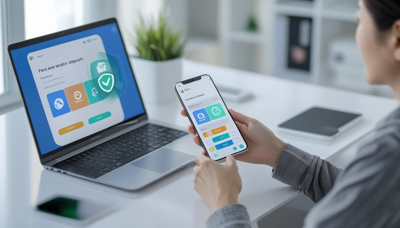 Seseorang menggunakan ponsel dan laptop untuk melakukan deposit dompet elektronik.