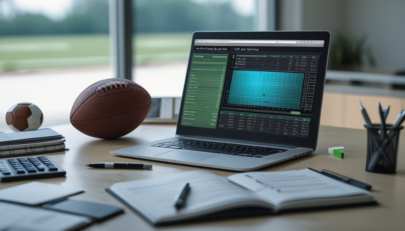 Meja kerja modern dengan bola sepak, laptop berisi tampilan analisis pertandingan yang buram, buku catatan kosong, pena, dan kalkulator.
