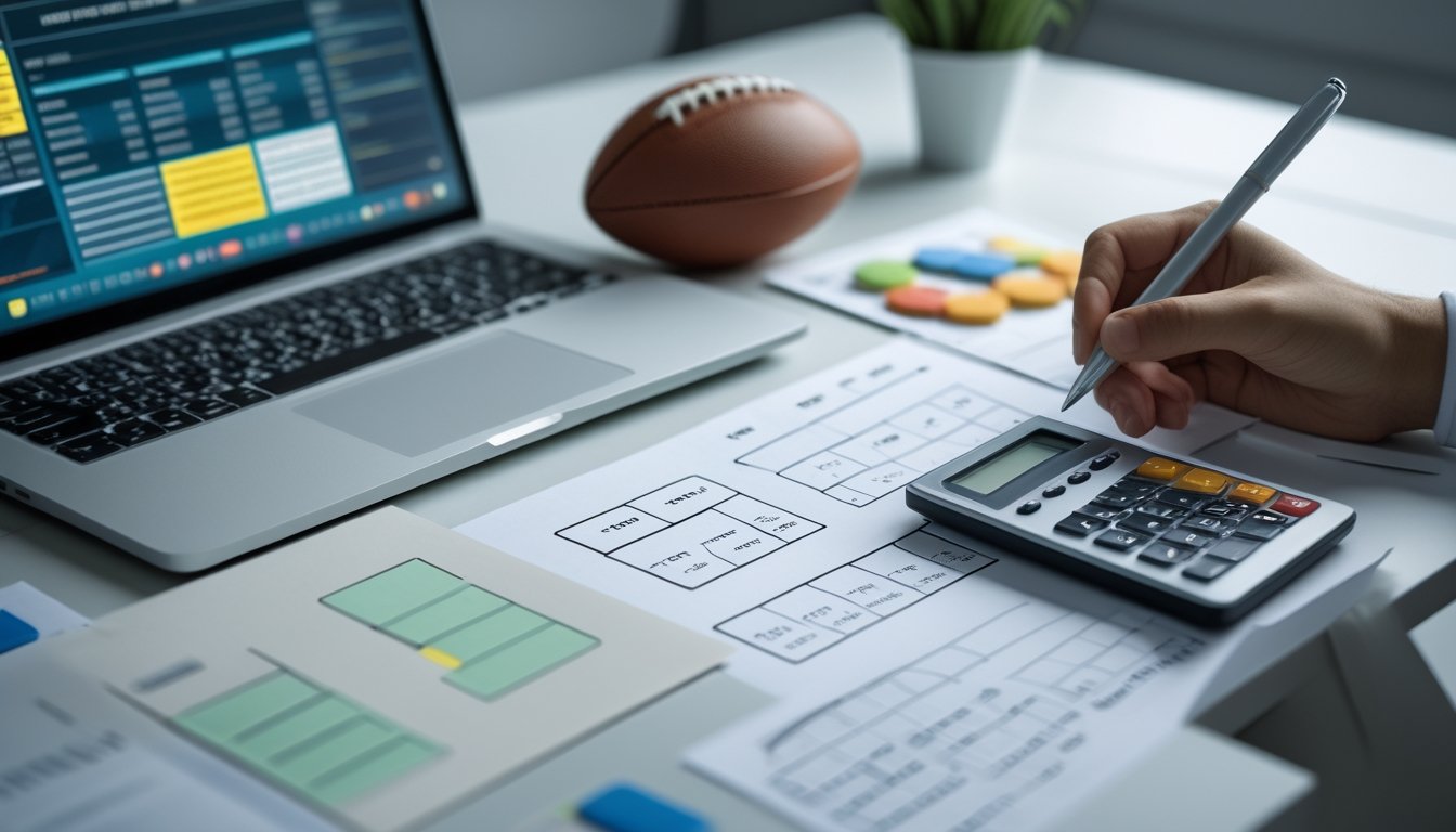 Meja kerja modern dengan bola, laptop, kalkulator, dan beberapa kartu pilihan yang menggambarkan analisis taruhan kombinasi sepak bola.