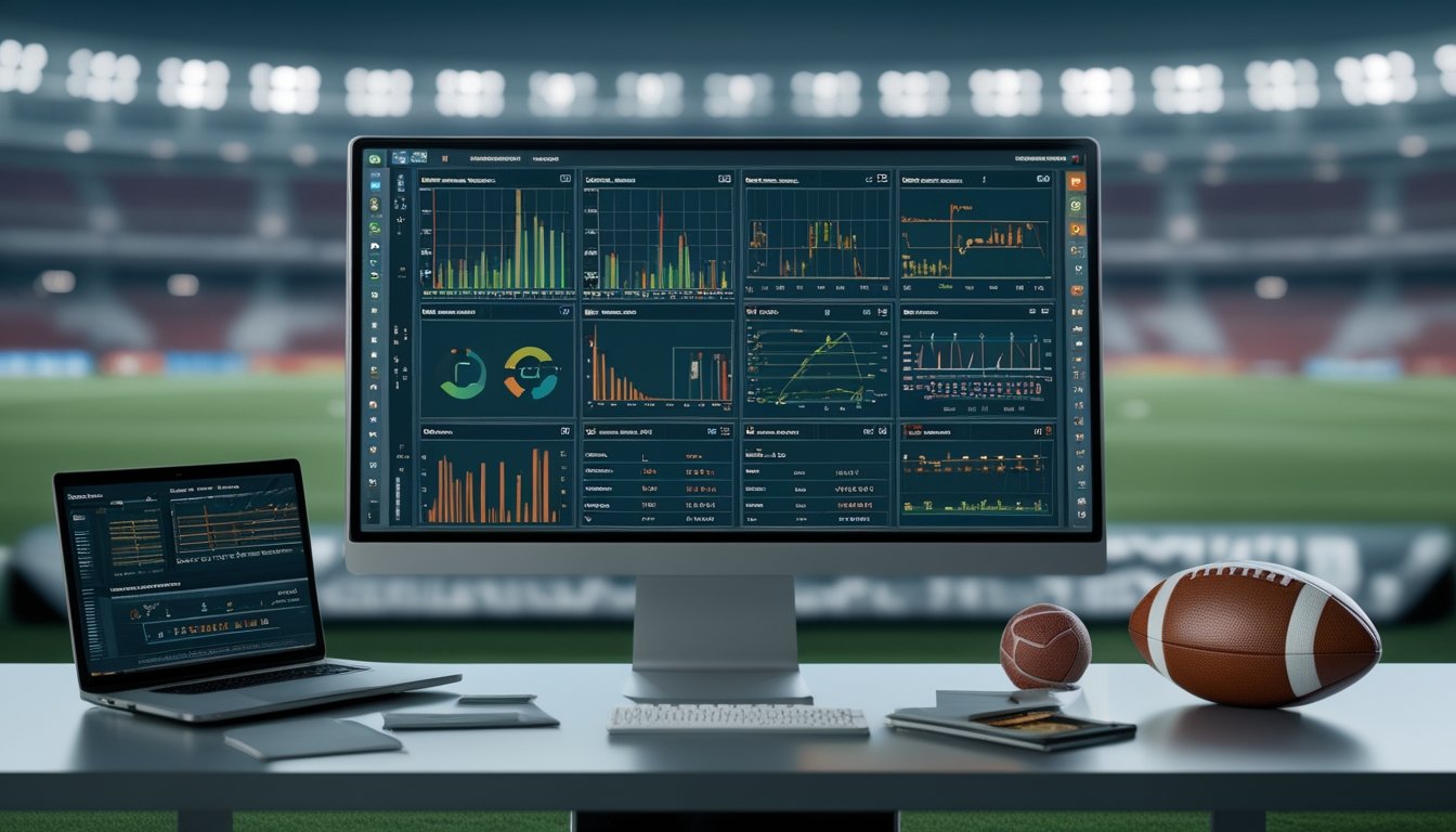 Meja analisis dengan bola sepak, laptop, dan layar yang menampilkan grafik statistik pertandingan di depan stadion.
