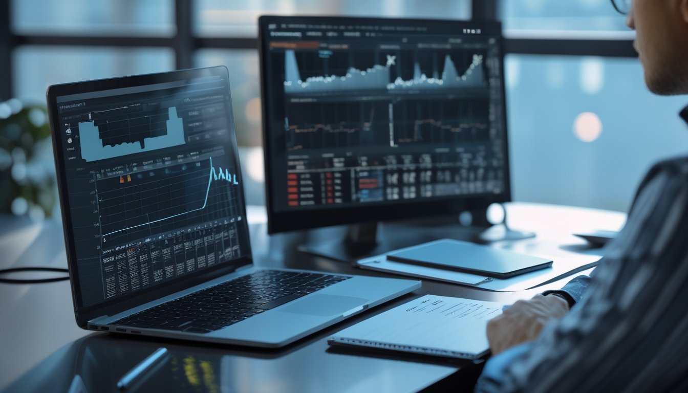 Seorang analis meninjau data pertandingan olahraga di meja kerja dengan laptop, tablet, dan perlengkapan analisis.