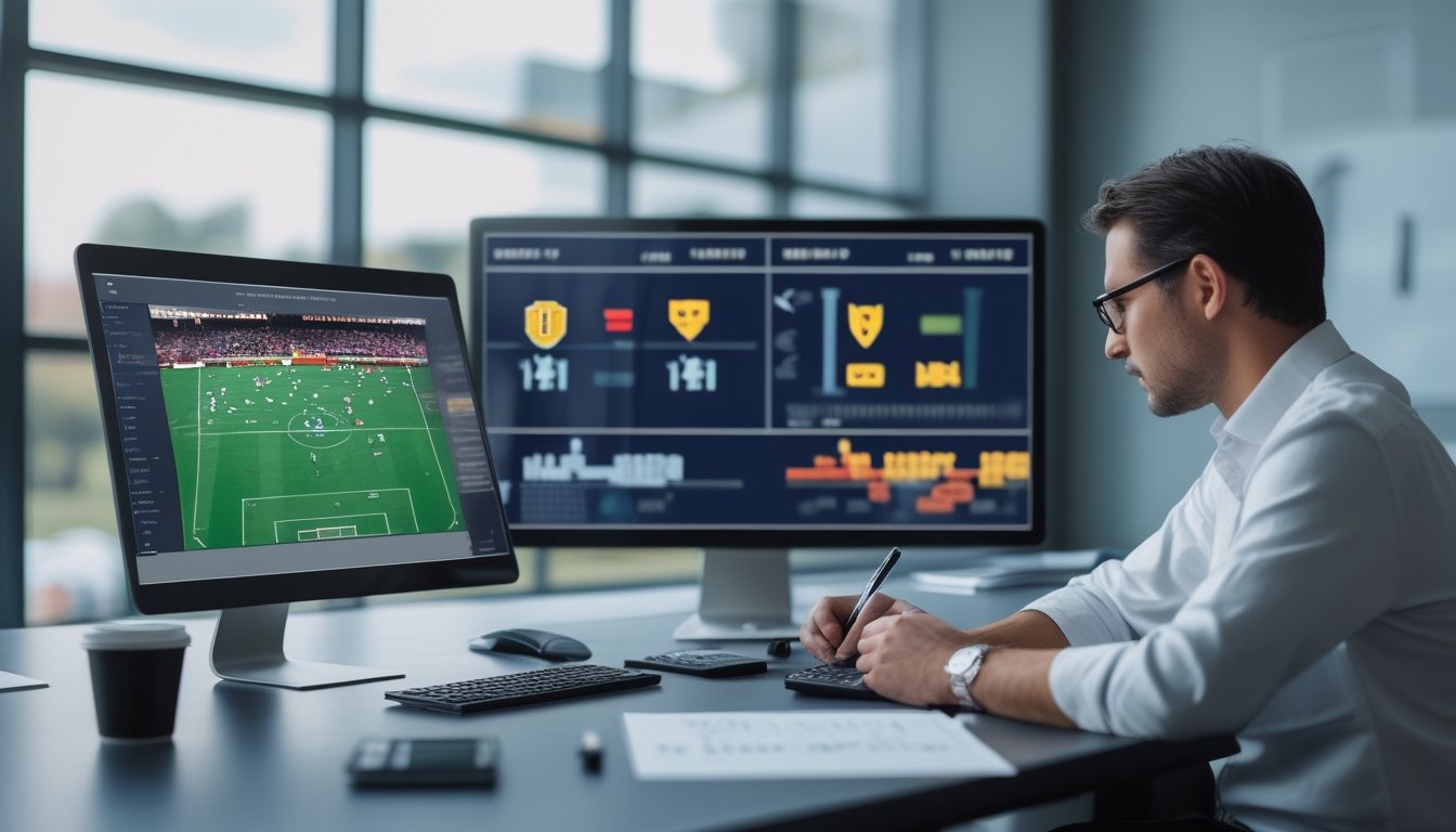Seorang analis mempelajari statistik pertandingan olahraga di meja kerja dengan laptop, monitor, kalkulator, dan catatan.
