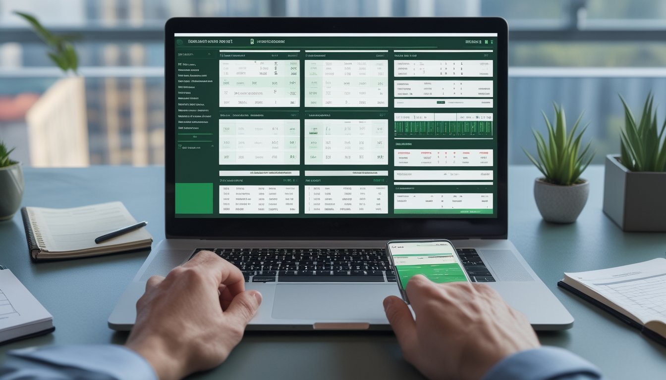 Seorang analis dewasa meninjau data pertandingan olahraga di ruang kerja modern dengan laptop, ponsel, dan catatan.