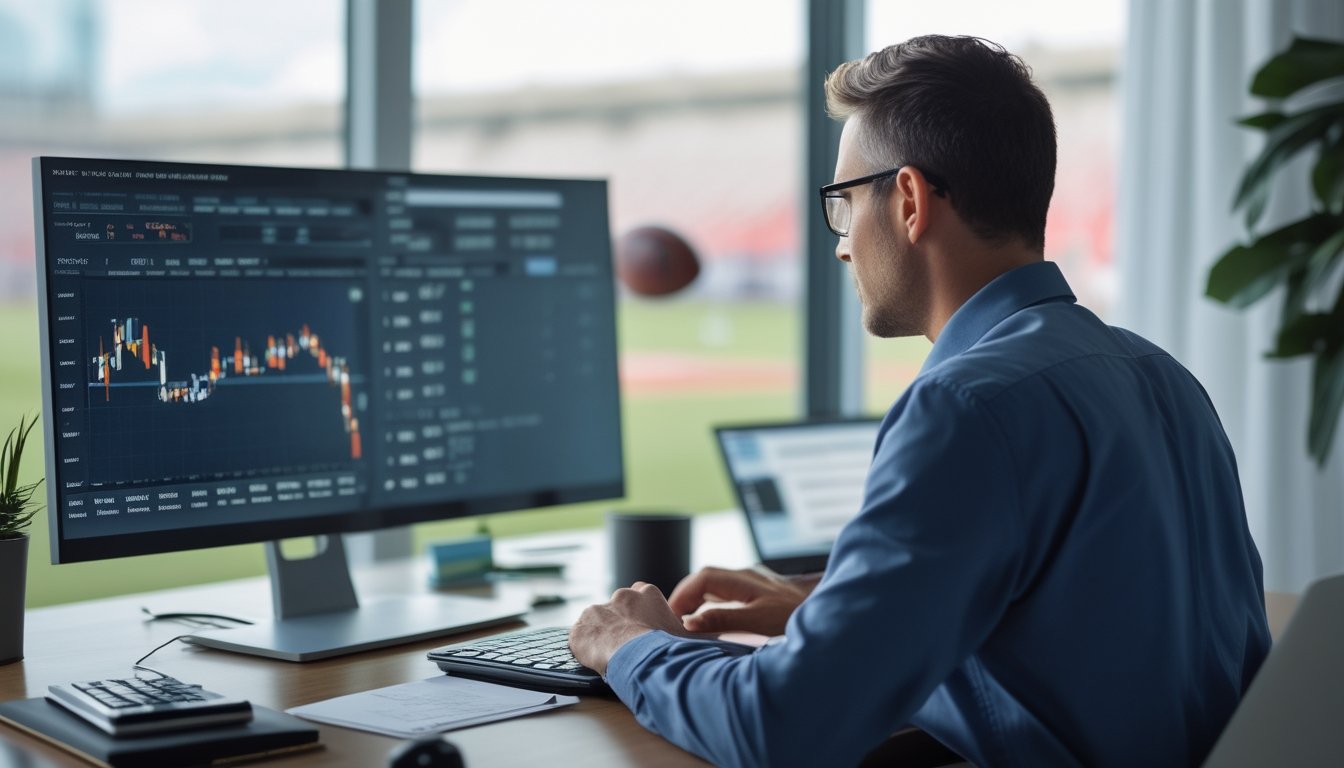 Seorang analis mempelajari data olahraga dan grafik statistik di ruang kerja modern.