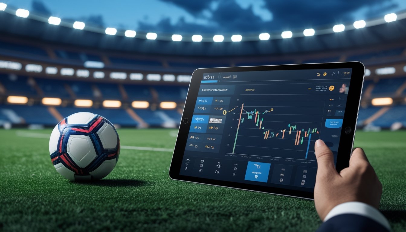 Bola sepak dan tablet analisis di lapangan stadion yang diterangi lampu sorot.