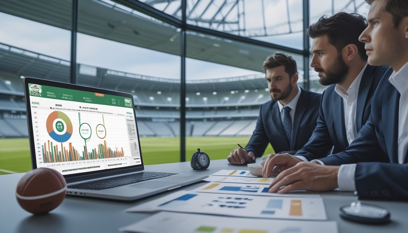 Analis olahraga menganalisis data dan susunan pertandingan sepak bola di ruang kerja dengan stadion terlihat di latar belakang.