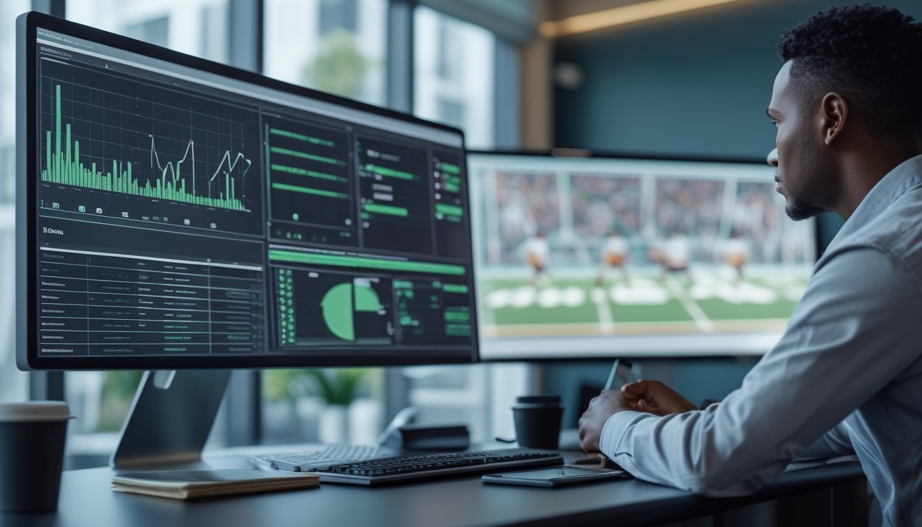 Analis dewasa membandingkan data eSports dan pertandingan sepak bola pada beberapa layar di meja kerja.
