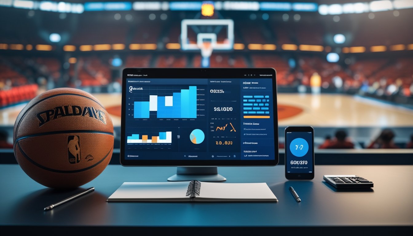 Meja analisis olahraga dengan bola basket, perangkat digital berisi grafik statistik, dan arena basket yang tampak samar di latar belakang.