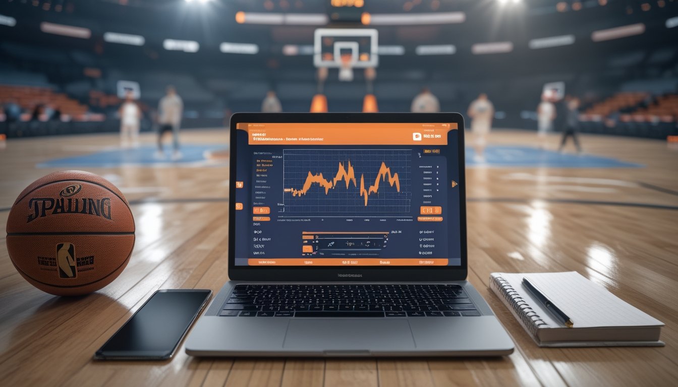 Meja analisis olahraga dengan bola basket, laptop berisi grafik statistik, dan lapangan basket di latar belakang.