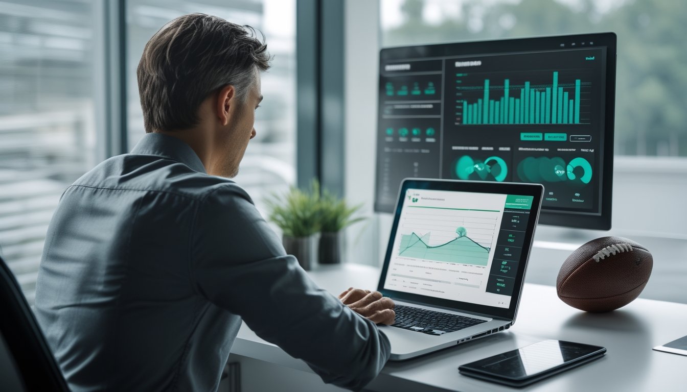 Seorang analis olahraga mempelajari data pertandingan sepak bola di laptop dengan bola dan kalkulator di atas meja.
