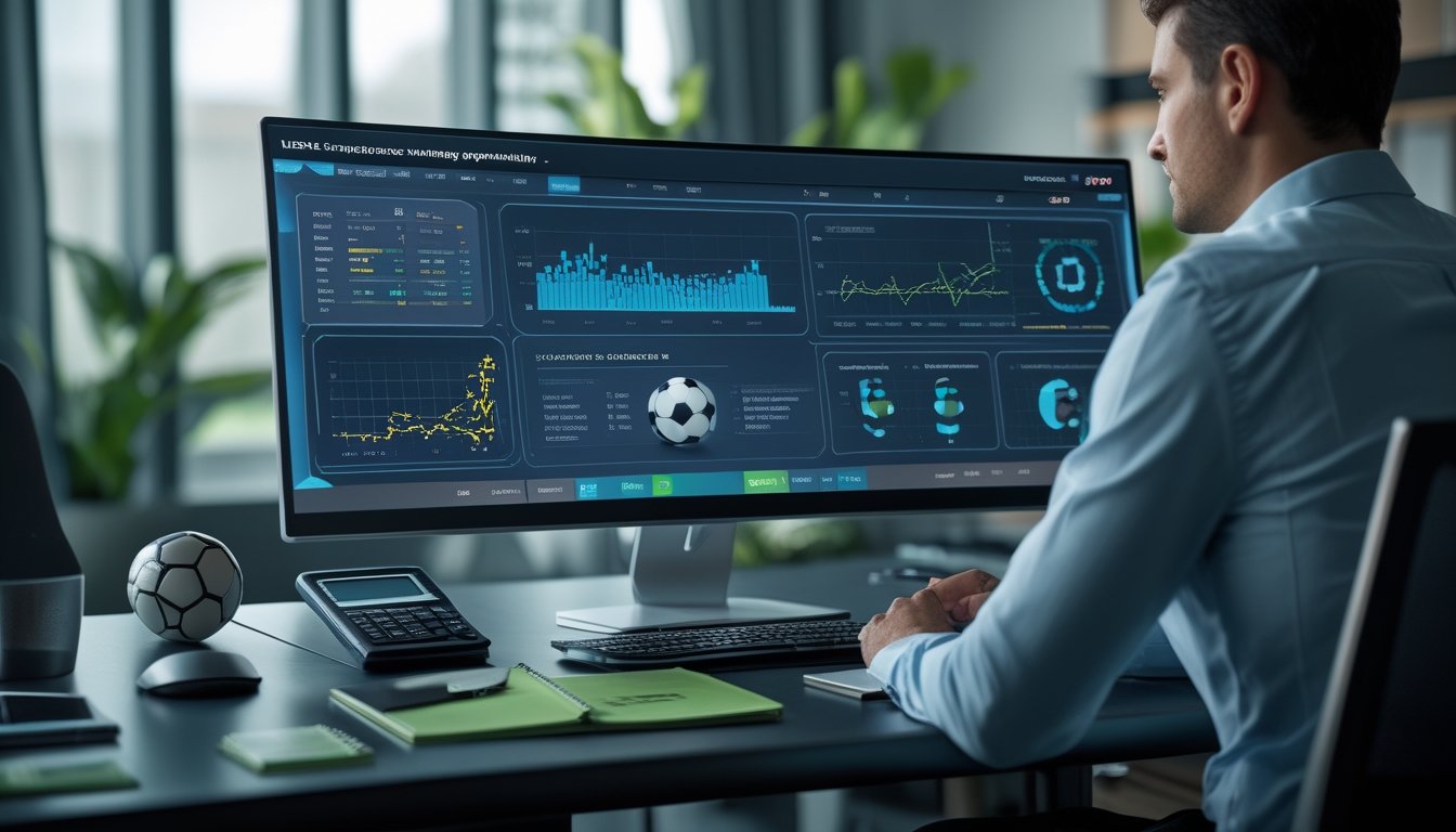 Seorang analis mempelajari data pertandingan sepak bola di ruang kerja modern dengan bola dan perangkat analisis di atas meja.