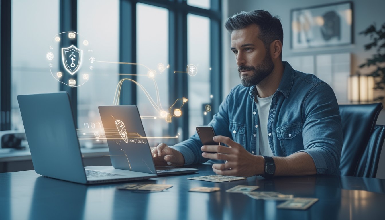 Orang dewasa menggunakan laptop dan ponsel dengan tampilan keamanan digital serta transaksi pembayaran modern.