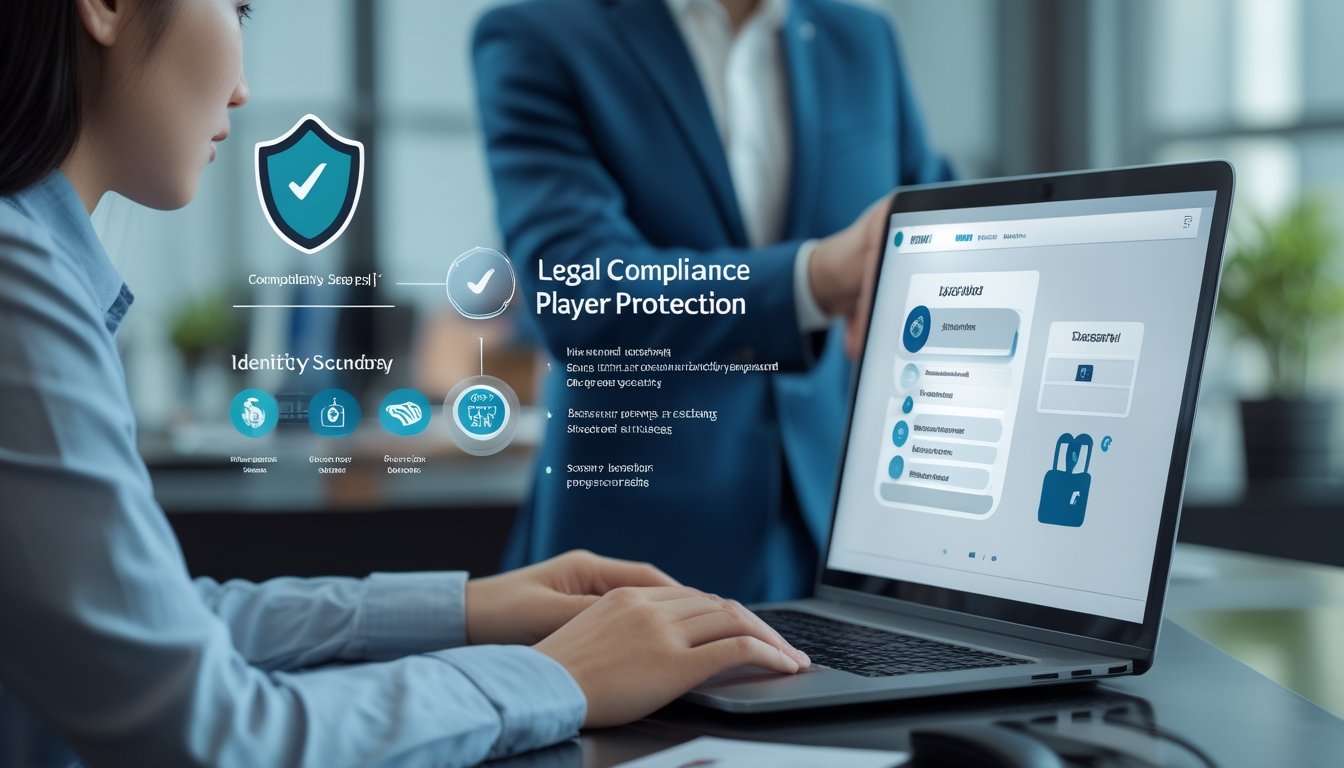 Orang dewasa meninjau platform permainan daring yang aman dengan simbol perlindungan dan verifikasi di lingkungan kantor modern.