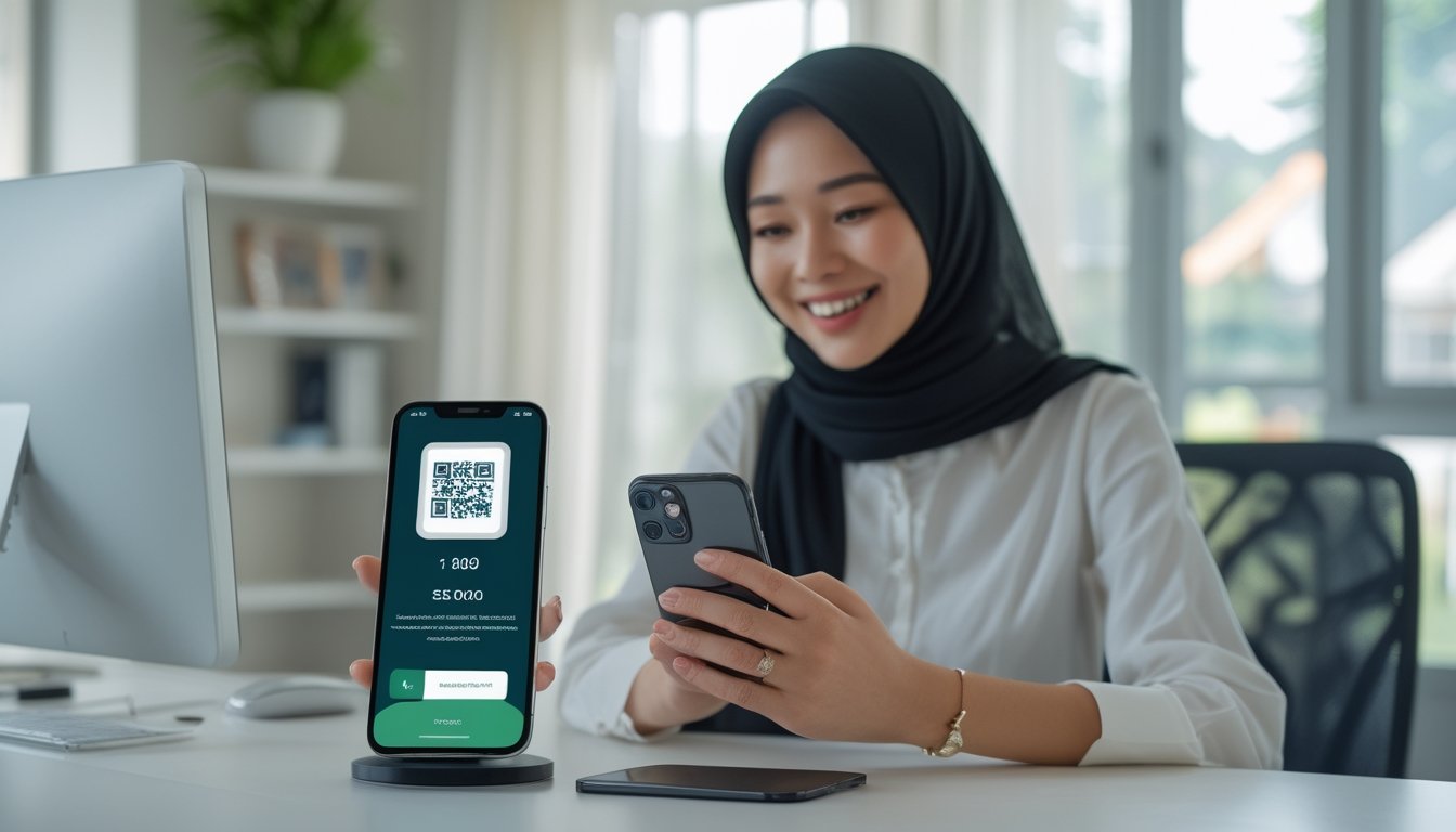 Orang dewasa menggunakan ponsel untuk melakukan pembayaran digital di ruang kerja modern.