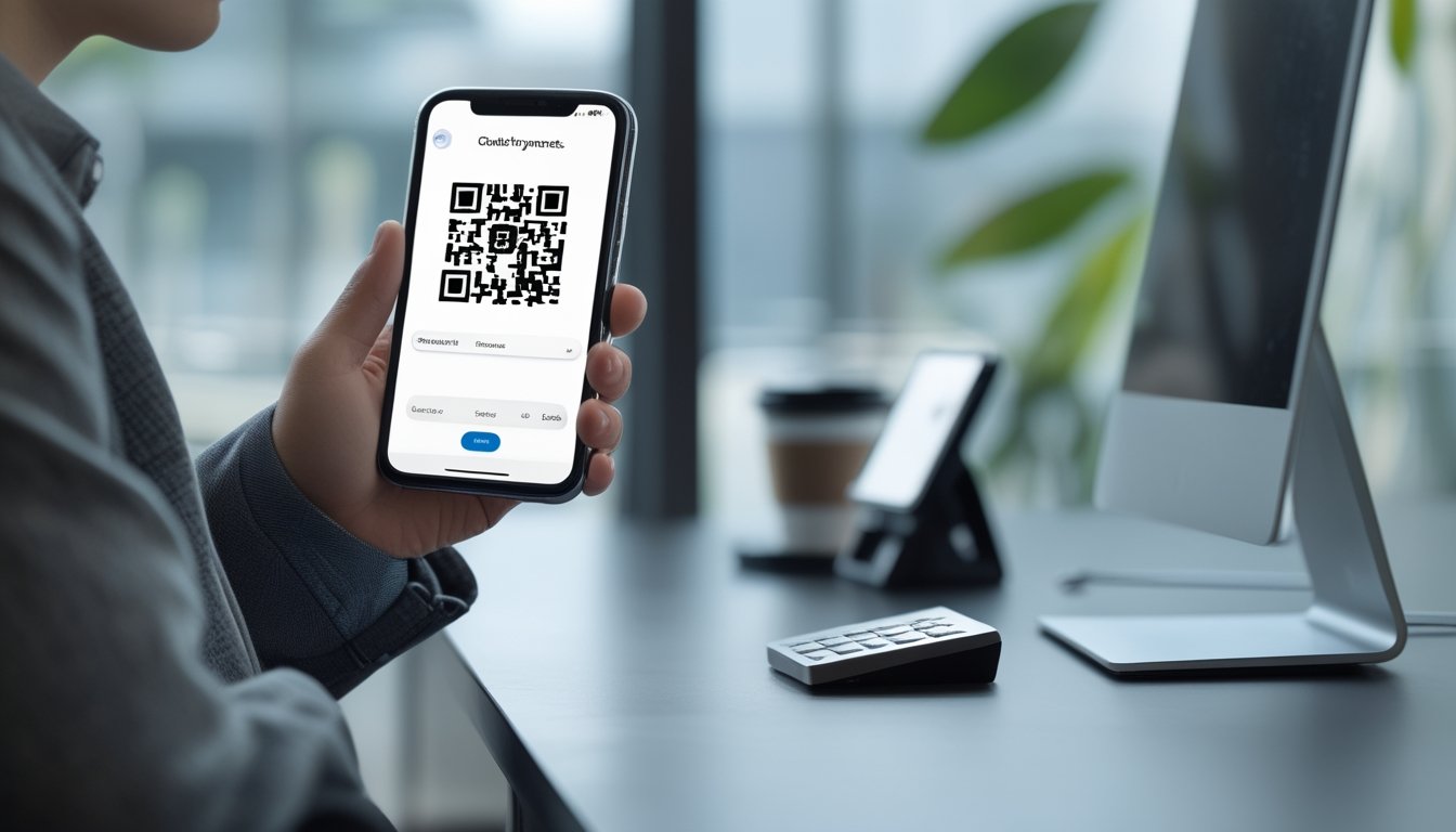 Tangan memegang ponsel dengan tampilan pembayaran QR dan perangkat transaksi di atas meja.