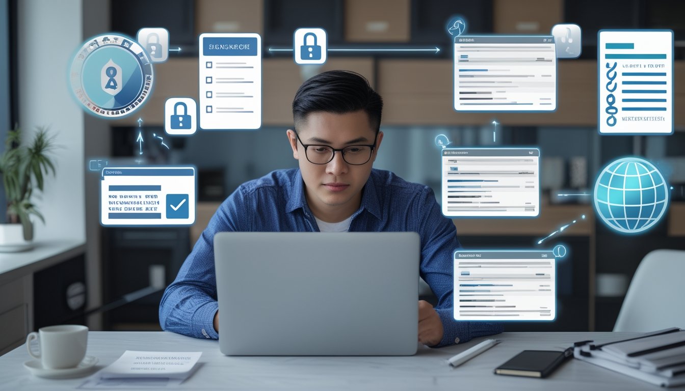 Seorang profesional memeriksa beberapa platform digital dengan simbol keamanan dan verifikasi di ruang kerja modern.
