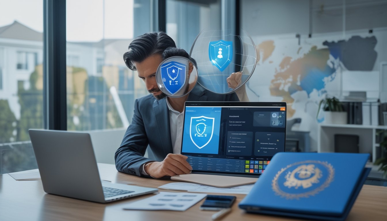 Profesional kepatuhan memeriksa dokumen dan keamanan digital operator daring di kantor modern.