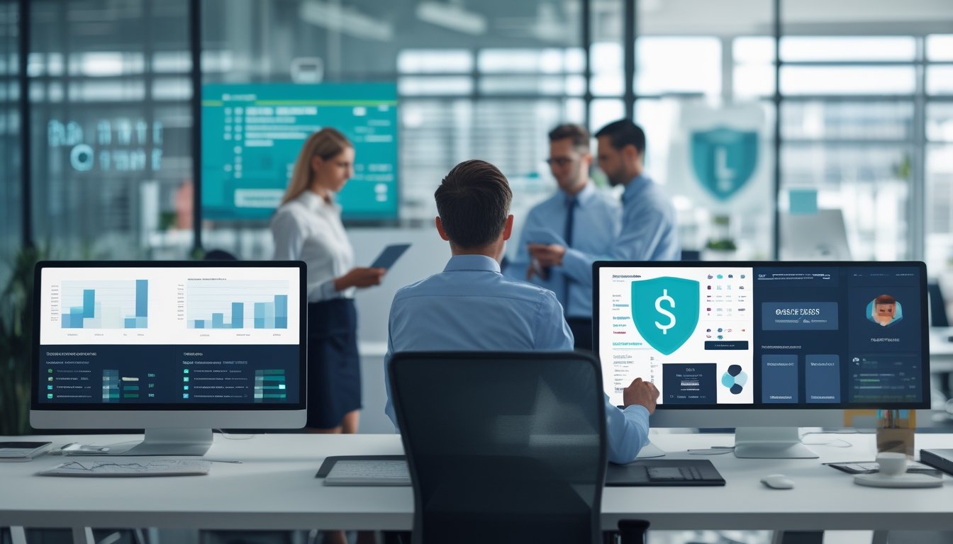 Profesional kantor meninjau dokumen kepatuhan dan sistem pembayaran digital yang aman.